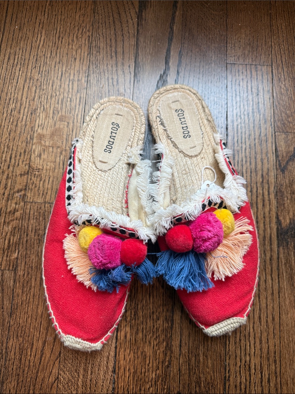 Soludos Red Pom Pom Espadrille Mules Sz 9.5